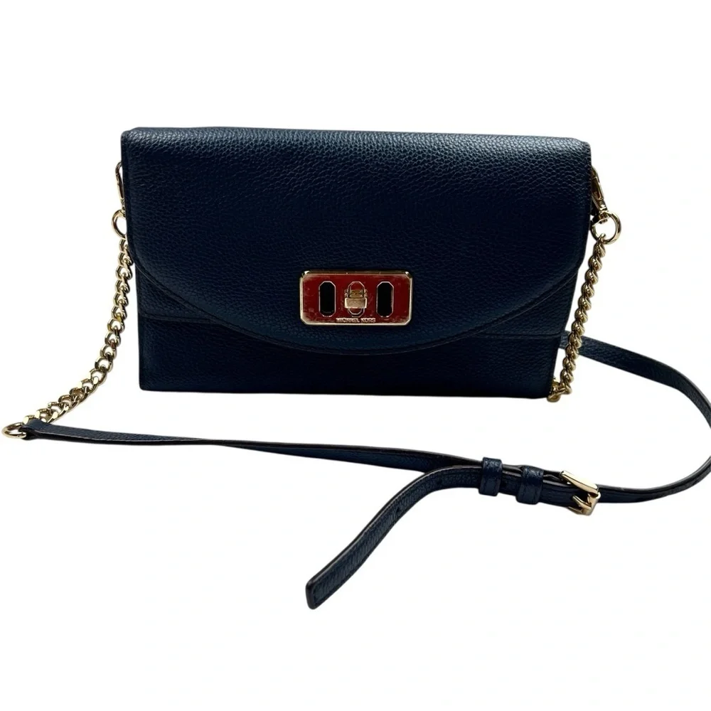 Michael Kors Karson Wallet Clutch Leather Navy Crossbody Mini Bag Chain Travel